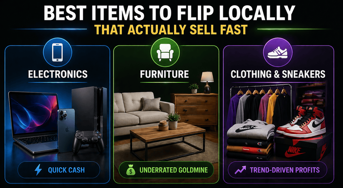 Visual guide showing the best items to flip locally including electronics, furniture, and clothing