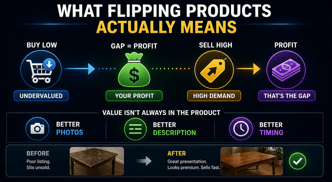 Illustration explaining the concept of flipping products locally for profit
