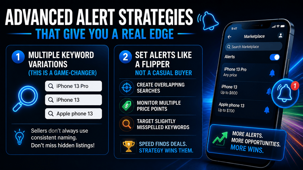 Advanced strategies for setting up effective Facebook Marketplace alerts including multiple keyword variations and price filtering