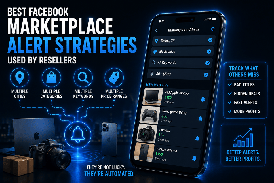 Professional reseller alert strategies for Facebook Marketplace showing multi-city monitoring and keyword variation techniques