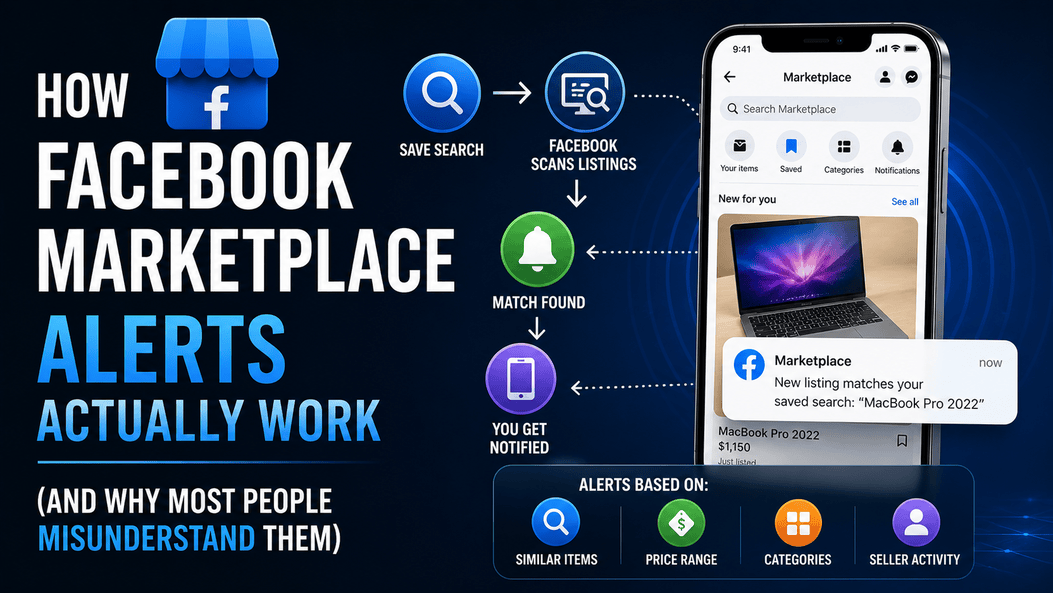 Diagram showing how Facebook Marketplace alerts and saved searches trigger notifications for new listings