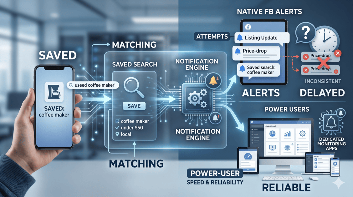 Diagram explaining how Facebook Marketplace alerts work on Android including saved searches and push notification delivery