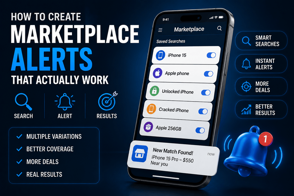 Guide showing how to create effective Facebook Marketplace alerts with keyword variations and price filters on iPhone
