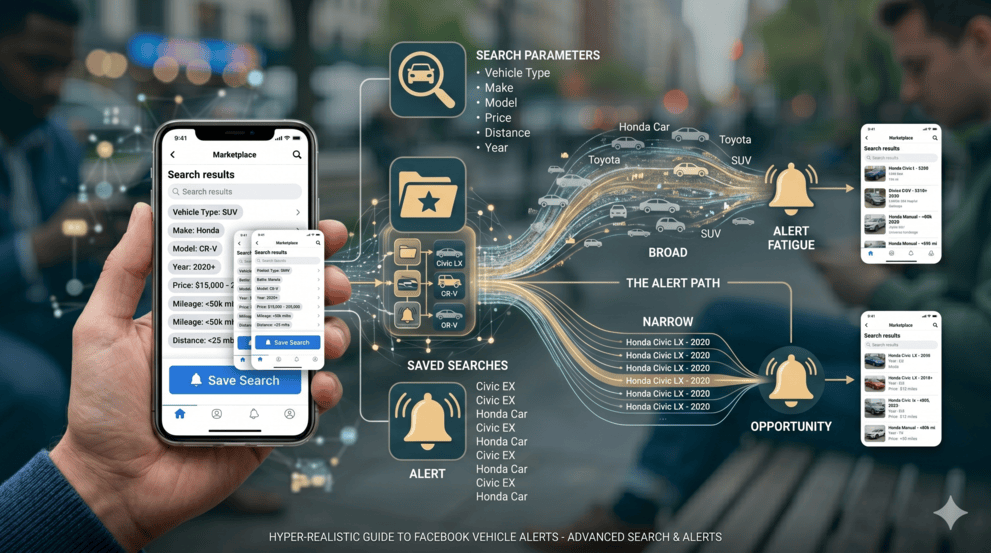 Diagram explaining how Facebook Marketplace saved searches trigger notification alerts when new matching listings appear