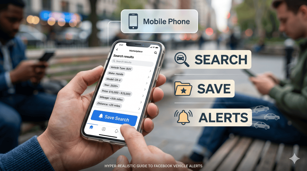 Mobile phone screen showing Facebook Marketplace alerts setup process with saved search and filter configuration