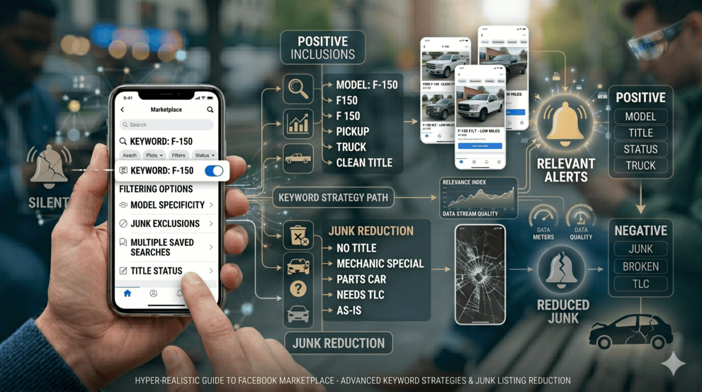 Keyword strategy examples showing how to filter junk listings from Facebook Marketplace alerts using specific search terms