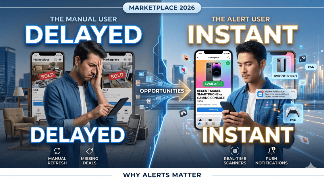 Infographic showing why Facebook Marketplace alerts on Android are essential for competitive deal hunting in 2026